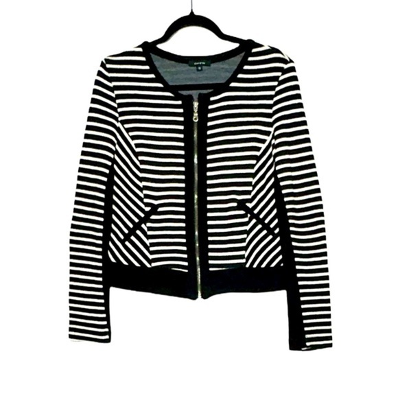 Anthropologie Drew Black & White Striped Full Zipper Sweater Jacket w/ Pockets S - Picture 1 of 14